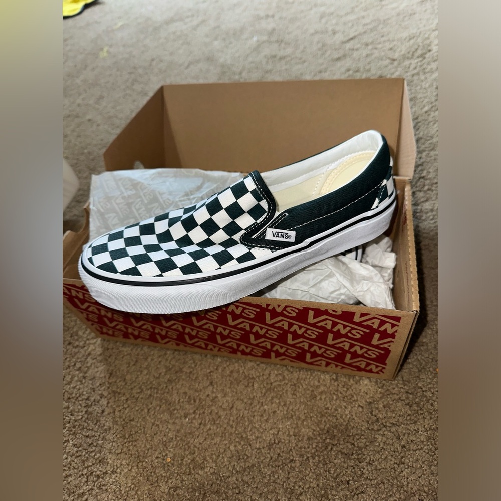 Vans Dark Forest Green and White Checkered Slip-On Sneakers